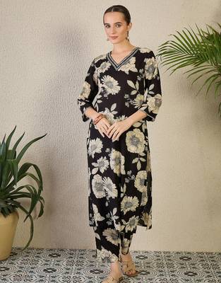 Black printed cotton kurta trouser set 4