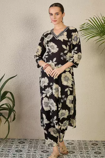 Black printed cotton kurta trouser set