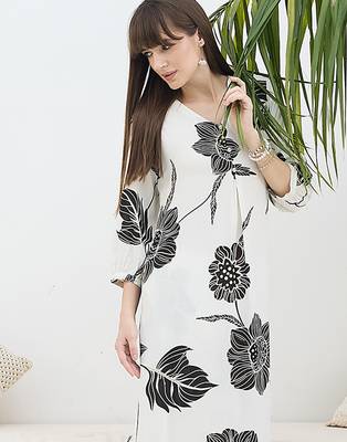 White printed viscose rayon kurta trouser set 1