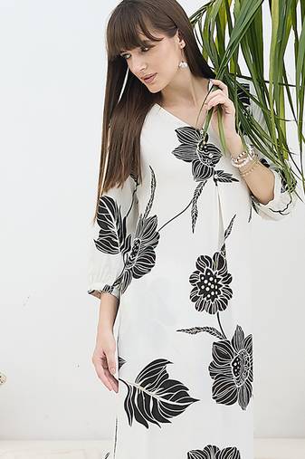 White printed viscose rayon kurta trouser set