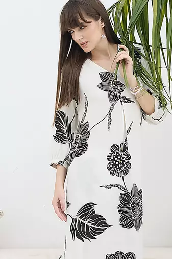 White printed viscose rayon kurta trouser set