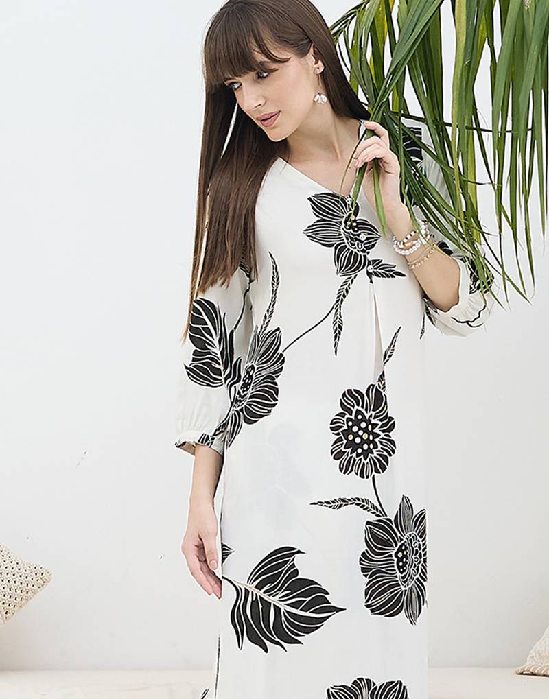 White printed viscose rayon kurta trouser set