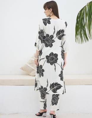 White printed viscose rayon kurta trouser set 2