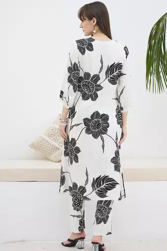 White printed viscose rayon kurta trouser set