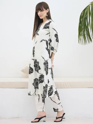 White printed viscose rayon kurta trouser set 3