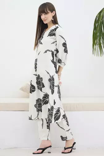 White printed viscose rayon kurta trouser set