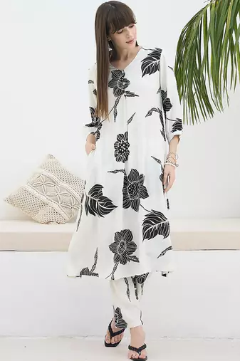 White printed viscose rayon kurta trouser set