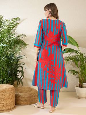 Red printed cotton kurta trouser set 3