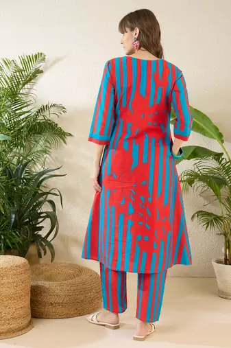 Red printed cotton kurta trouser set