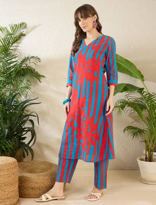 Red printed cotton kurta trouser set 4