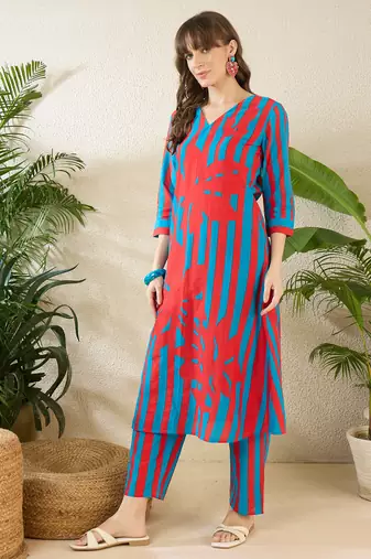 Red printed cotton kurta trouser set