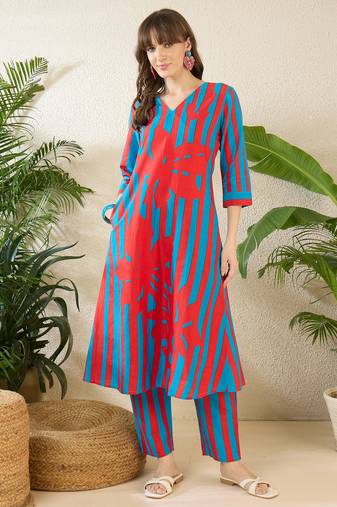 Red printed cotton kurta trouser set