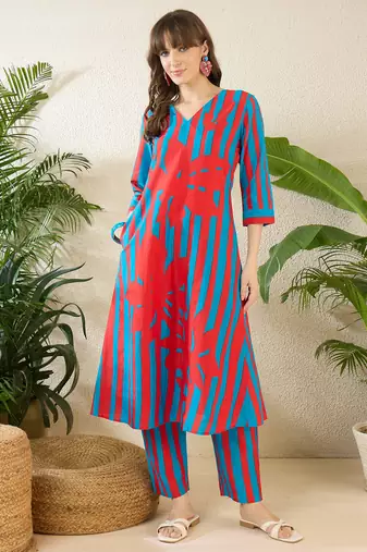 Red printed cotton kurta trouser set
