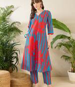 Red printed cotton kurta trouser set