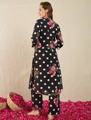 Black printed cotton kurta trouser set 3