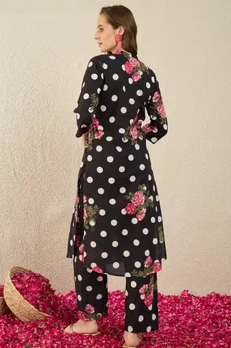 Black printed cotton kurta trouser set