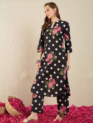 Black printed cotton kurta trouser set 4
