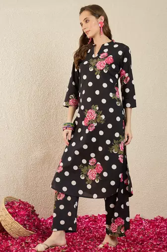 Black printed cotton kurta trouser set