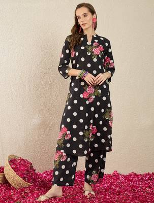 Black printed cotton kurta trouser set 1