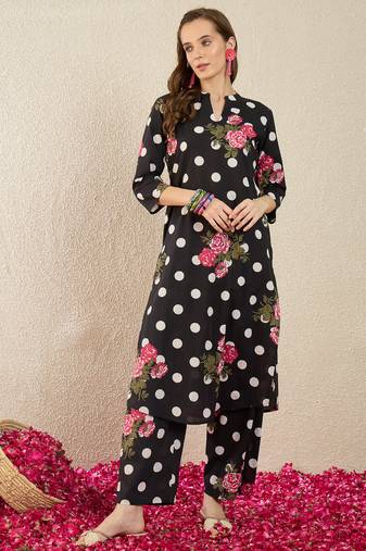 Black printed cotton kurta trouser set