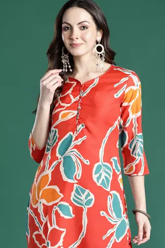Orange printed cotton kurta trouser set