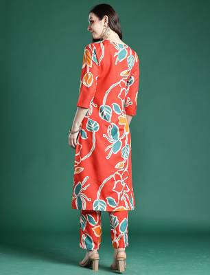 Orange printed cotton kurta trouser set 3