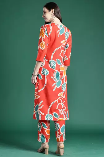 Orange printed cotton kurta trouser set