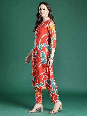 Orange printed cotton kurta trouser set 4