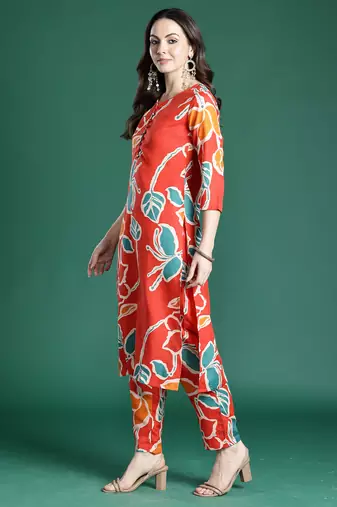Orange printed cotton kurta trouser set