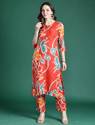 Orange printed cotton kurta trouser set 1