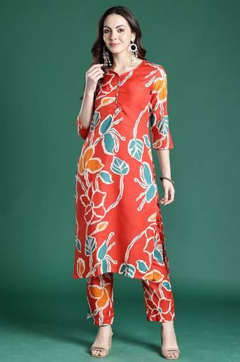Orange printed cotton kurta trouser set