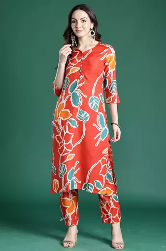 Orange printed cotton kurta trouser set