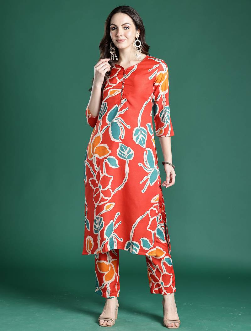 Orange printed cotton kurta trouser set