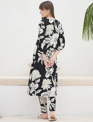 Black printed viscose rayon kurta trouser set 3