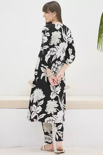 Black printed viscose rayon kurta trouser set