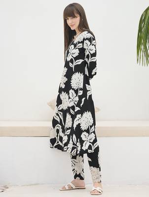 Black printed viscose rayon kurta trouser set 4