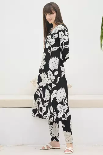 Black printed viscose rayon kurta trouser set