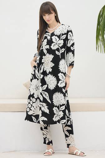 Black printed viscose rayon kurta trouser set