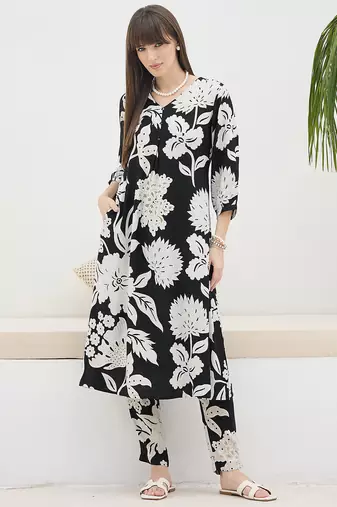 Black printed viscose rayon kurta trouser set