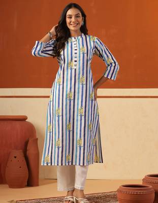 Blue printed cotton kurta trouser set 1