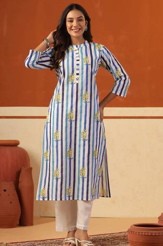 Blue printed cotton kurta trouser set