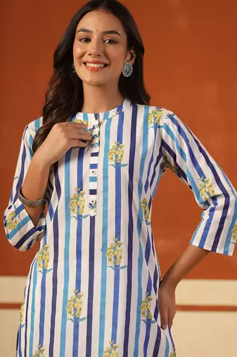 Blue printed cotton kurta trouser set