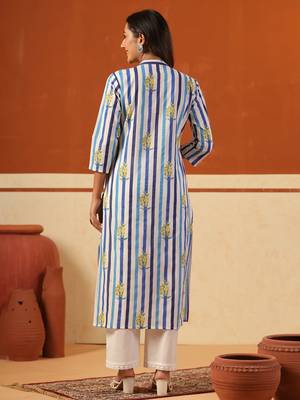 Blue printed cotton kurta trouser set 3