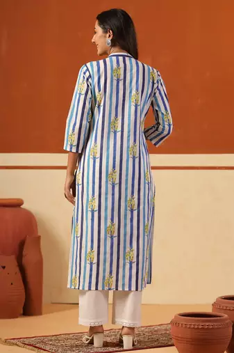 Blue printed cotton kurta trouser set
