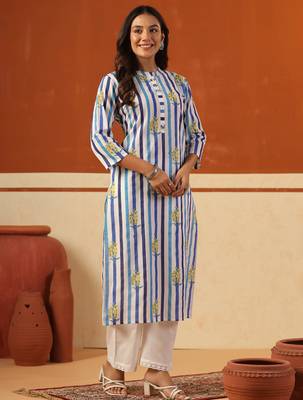 Blue printed cotton kurta trouser set 4