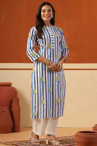 Blue printed cotton kurta trouser set