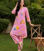 Pink printed cotton kurta trouser set