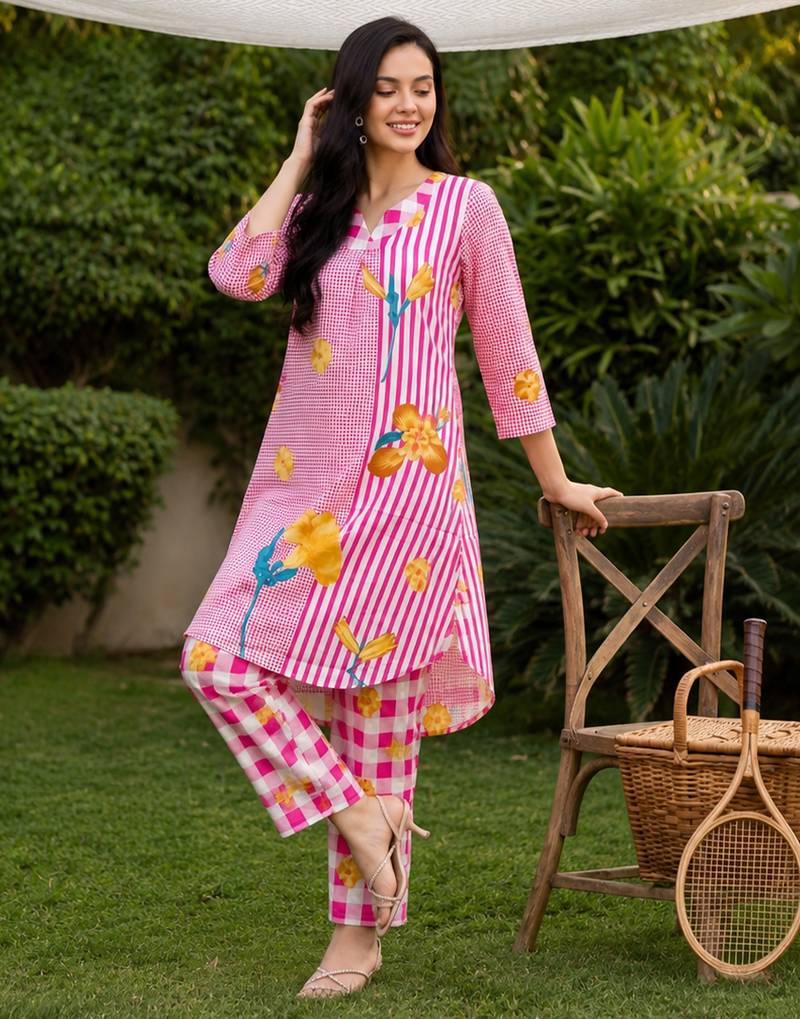 Pink printed cotton kurta trouser set
