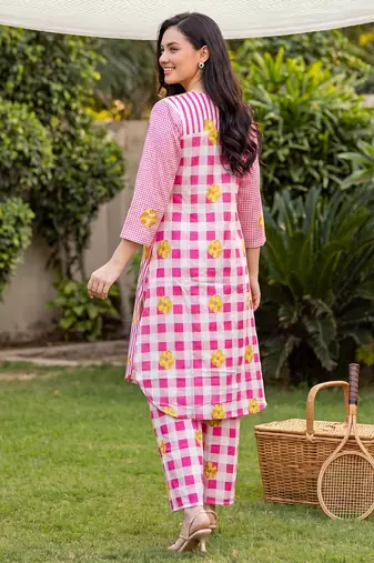 Pink printed cotton kurta trouser set