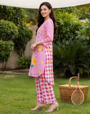 Pink printed cotton kurta trouser set 3